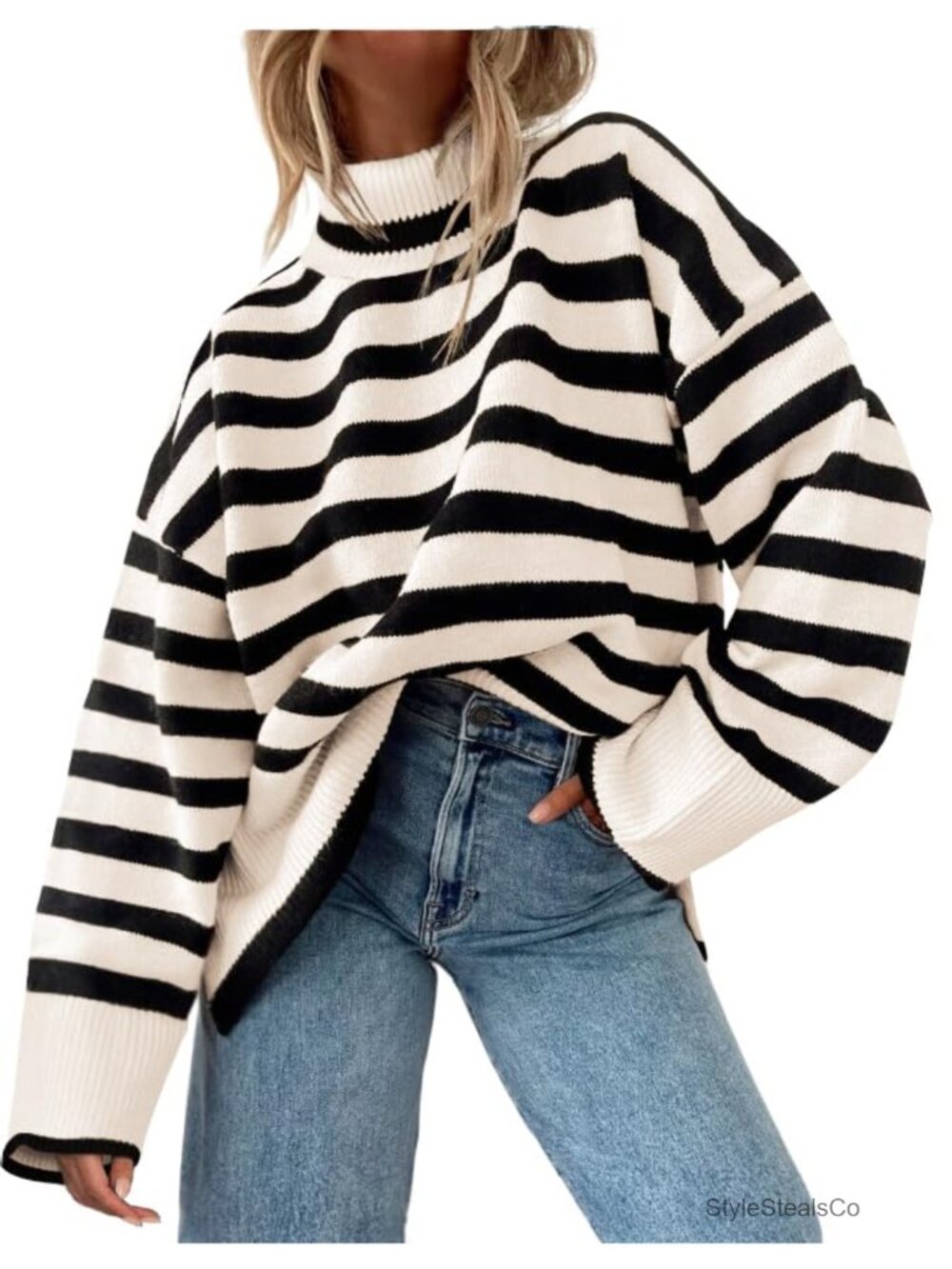 Oversized Turtleneck Striped Pullover Sweater Women Fuzzy Knit Top